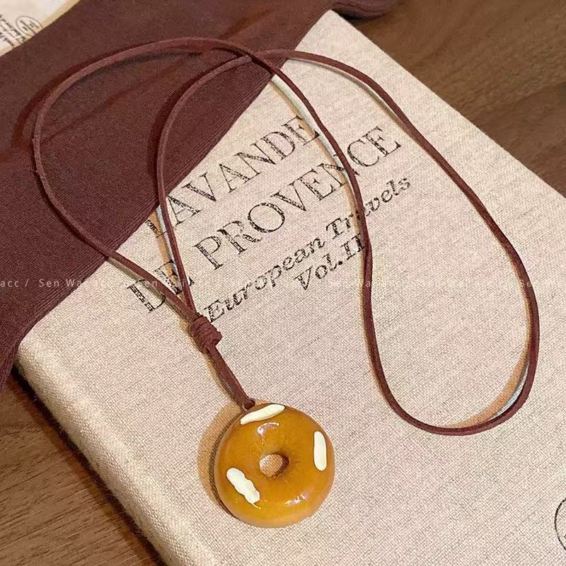 Handmade alkaline water bread pendant neck necklace croissant kink bagel bag decorative pendant deerskin rope sweater chain