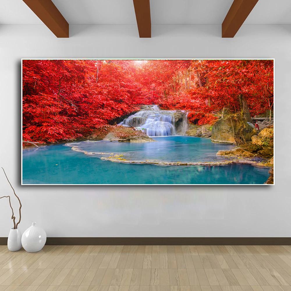 Природный пейзаж, водопад, настенные картины, холст, живопись, настенное искусство, зеленое, красное дерево, лес, постеры, принты для декора гостиной