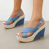 Thick Sole Slope Heel Sandals for Women Large Denim Cross Buckle One Line Strap Sandals for Women