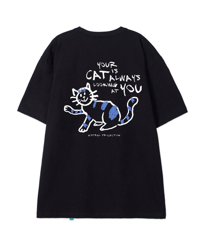 ASTRAL PROJECTION [Doodle Cat] Cotton Loose Fit Short Sleeve T-Shirt_Black