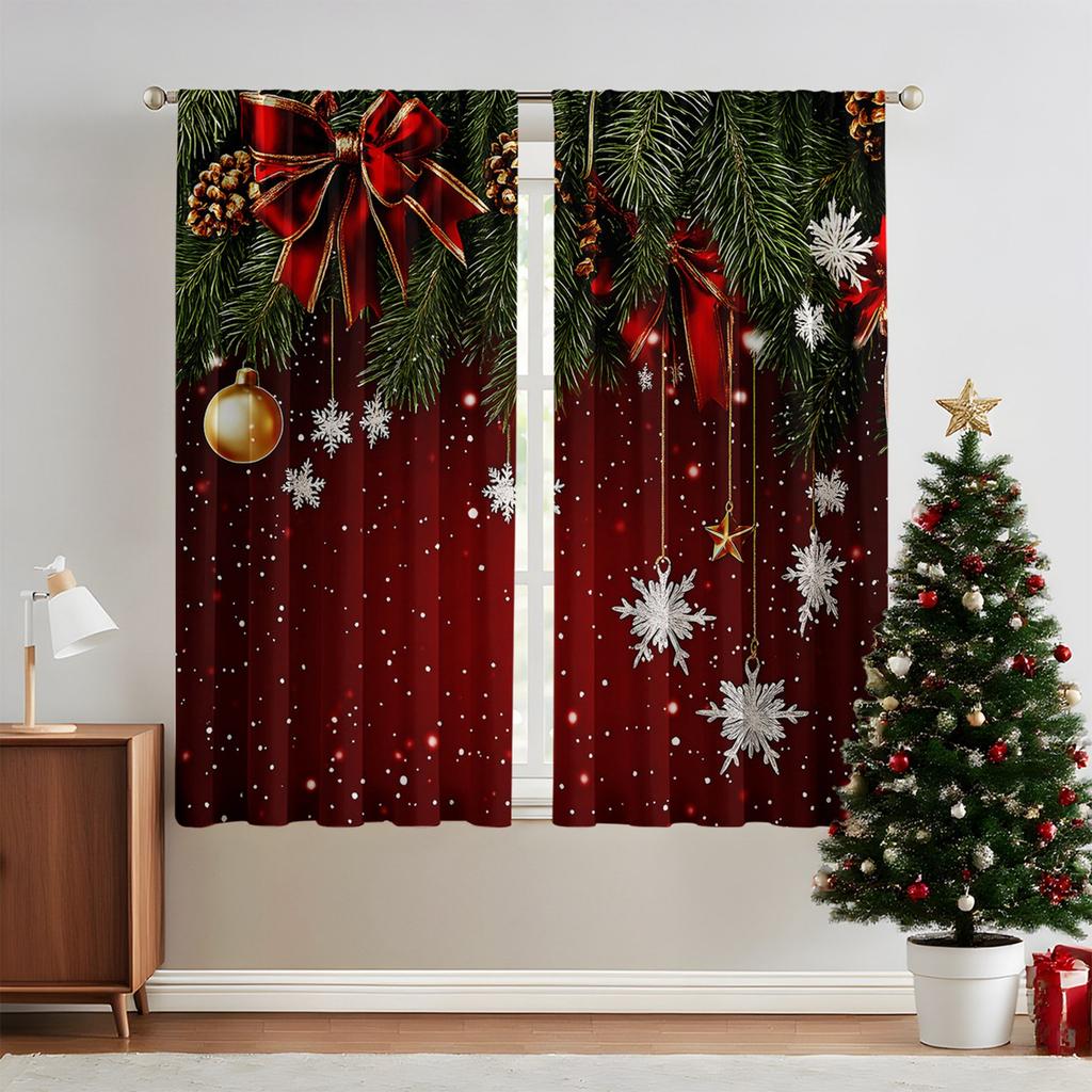A Set Of 2 Christmas Tree Printed Curtain Sets, Suitable For Living Room, Kitchen, Bedroom, Bathroom, Dining Room And Home Decoration