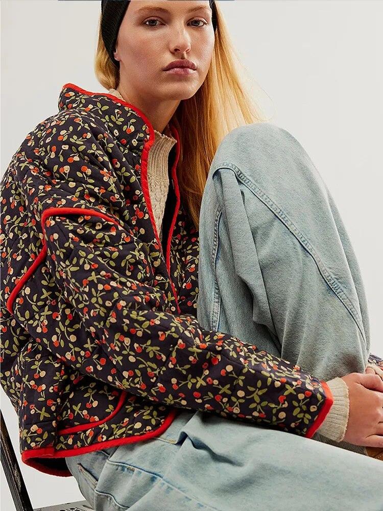 Хлопковая куртка с цветочным принтом, женская толстая лоскутная теплая теплая куртка-кардиган с карманами, женское осенне-зимнее повседневное уличное пальто