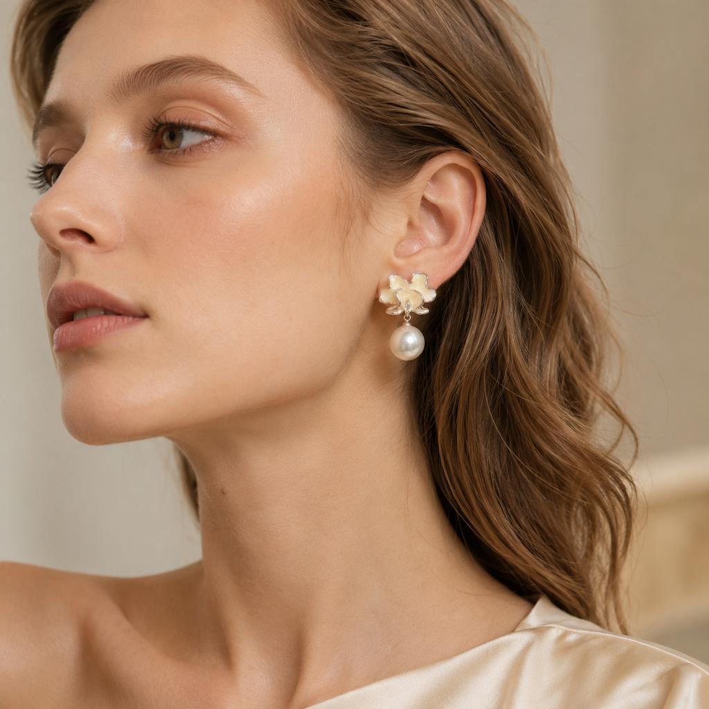 Elegant Brass Petal Pearl Drop Earrings for Women French Romantic Gift Jewelry Daily Fashion Accessory