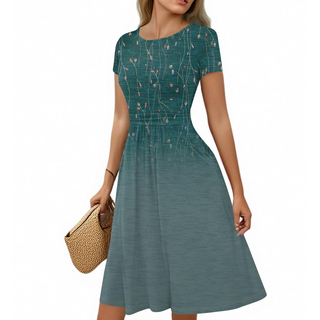 Женское повседневное модное платье миди А-силуэта с круглым вырезом, плиссированными короткими рукавами и ретро-цветочным принтом