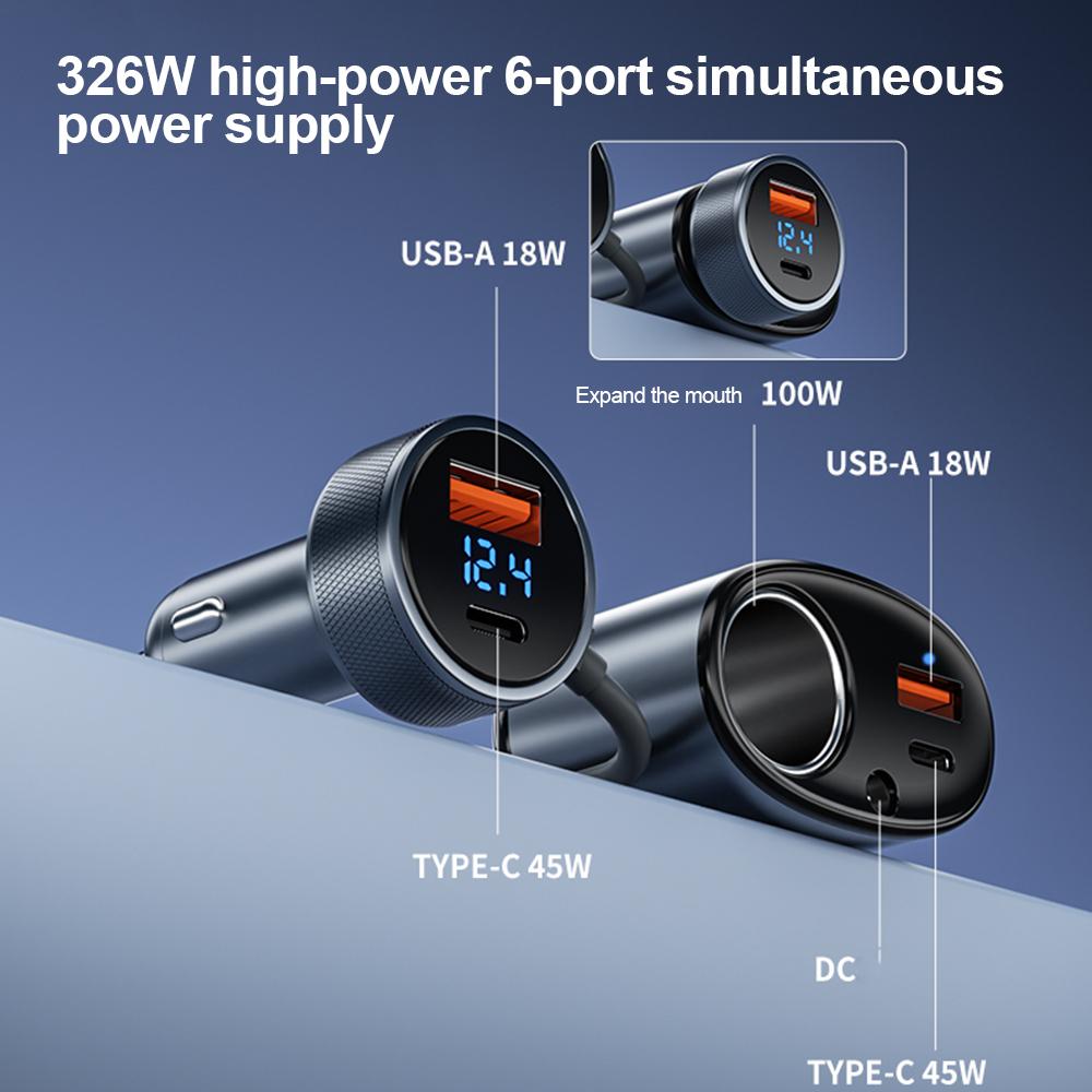 Быстрое автомобильное зарядное устройство 326 Вт 6-в-1, двойной USB + PD Type-C, гнездо питания для телефона, разветвитель прикуривателя автомобиля 12-24 В, цифровой вольтметр для Mini Starlink 4-го поколения