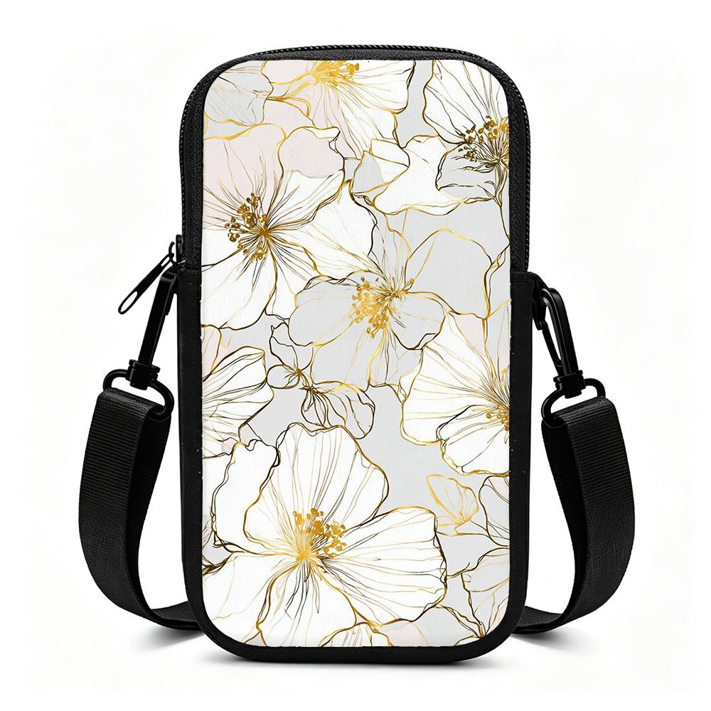 Elegant Hibiscus Floral Line Art Pattern With Gold Foil Accents Seamless Wallpaper Style Adjustable Removable Strap Crossbody Phone Bag