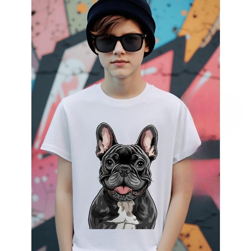 European sizes Boys' T-shirt French Bulldog Portrait Art Print, Ideal for Outdoor Activities, Soft Knitted Top, Comfortable And Breathable