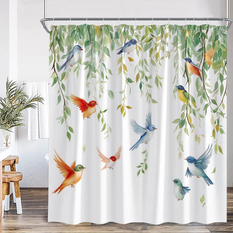 Bird Shower Curtains Colorful Birds On Tree With Green Leaves Farmhouse Bath Curtain Polyester Fabric Bathroom Decor With Hooks