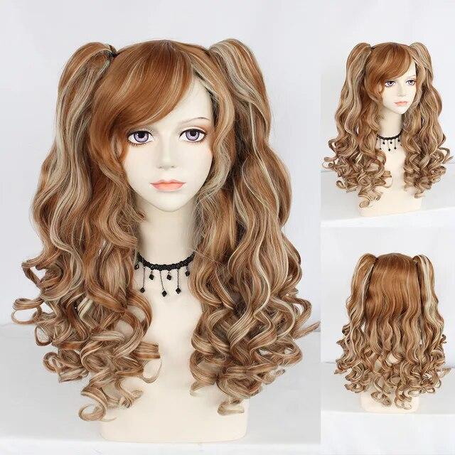 Парик для косплея Синтетический длинный цветной вьющийся парик для косплея Лолиты для девочек с двойными хвостиками и 1 шапочкой для парика