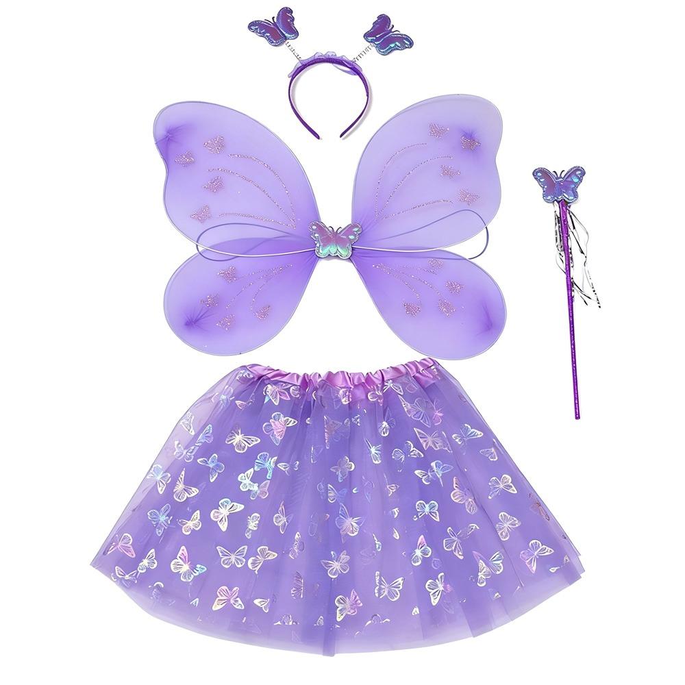 4Pcs/Set Fairy Princess Costume Butterfly Wings Puff Skirt Butterfly Wing Set Tutu Skirt Headband Angel Costume