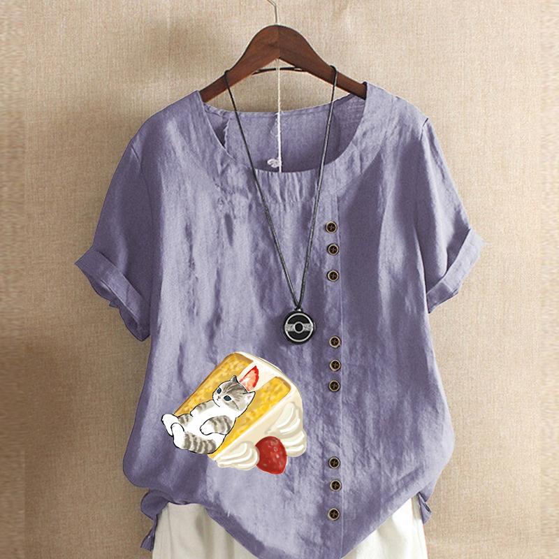 Женская мода, футболка с круглым вырезом и короткими рукавами с милым котом, повседневная рубашка из хлопка и льна с рисунком, свободная летняя блузка для отдыха, топы больших размеров