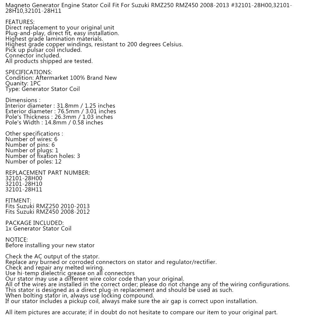 Stator Generator for Suzuki RMZ250 10-2013 RMZ450 08-12 32101-28H00 32101-28H11