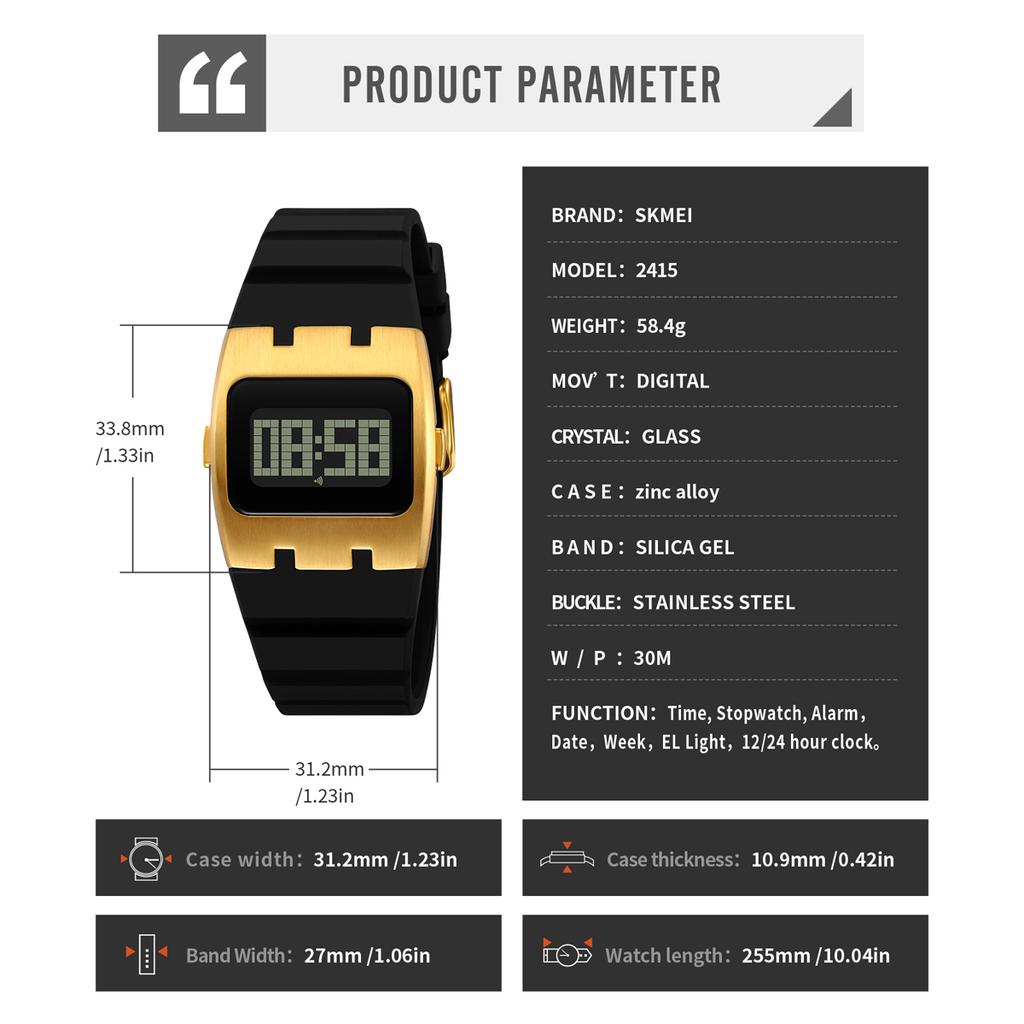 Digital Mens Electronics Watches Black Silicone watch strap Sports For Mens Women Students LED Display Shockproof Watch