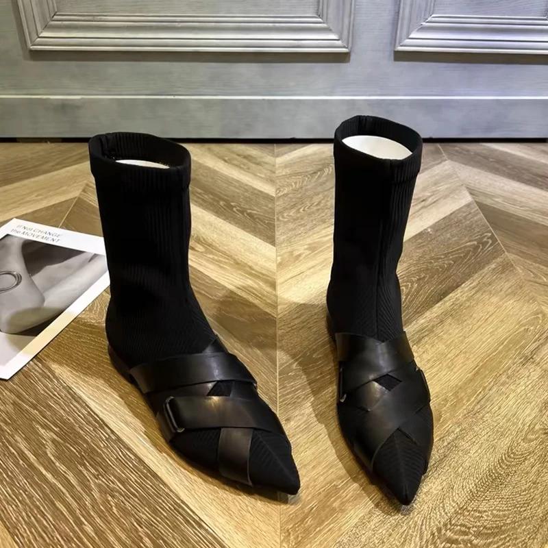 Fashion Pointed Toe Women Mid Calf Chelsea Boots Flats Shoes 2024 Winter Designer New Walking Shoes Sexy Fashion Dress Mujer Zapatos