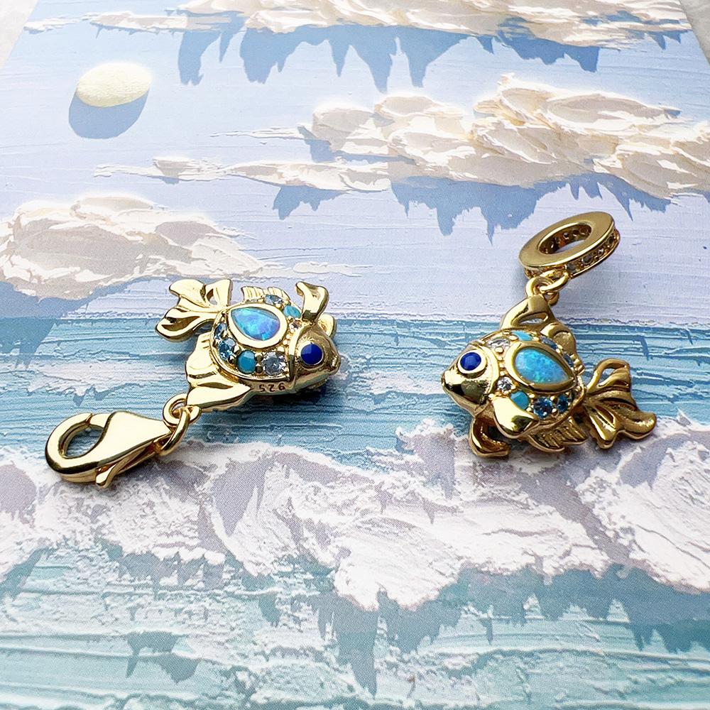 Colourful Fish Gold Plated Pendant Charms DIY Jewelry Summer Cute 100% 925 Silver Gift