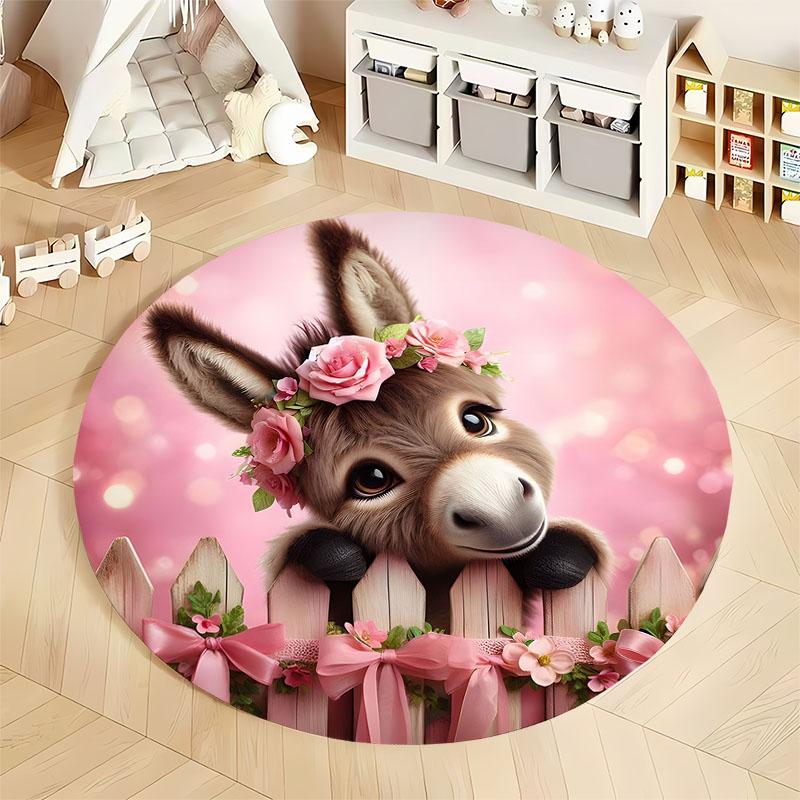 Charming Donkey with Flowers Kids' Playroom Rug round carpet for home sofa bedroom, gift