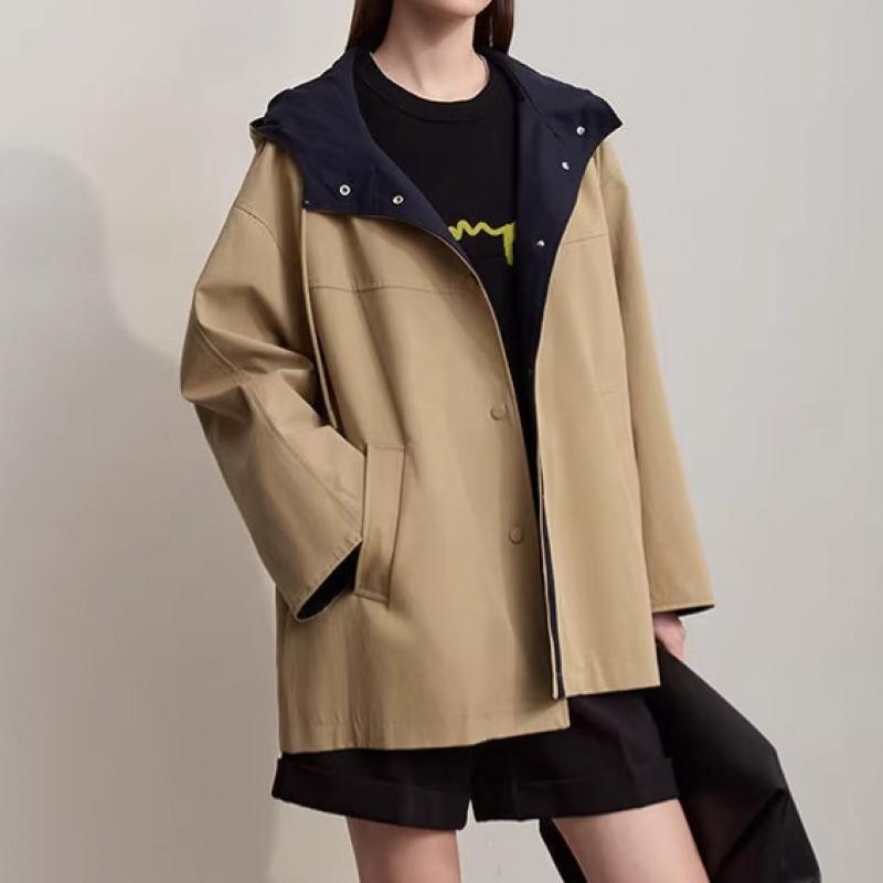 Womens Oversized Hooded Colorblock Cotton Blend Trench Coat Loose Fit Casual Outerwear