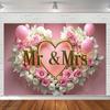 1pc Romantic Mr & Mrs Heart-Shaped Wedding Backdrop,Pink&White Rose Banner,Indoor&Outdoor Party Decor,Wedding Decorations