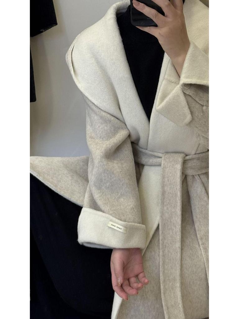 Женское двустороннее шерстяное пальто Cloud Floss: Пальто с капюшоном и поясом на талии, с широким лацканом, свободного кроя, утолщенное, подчеркивающее темперамент.