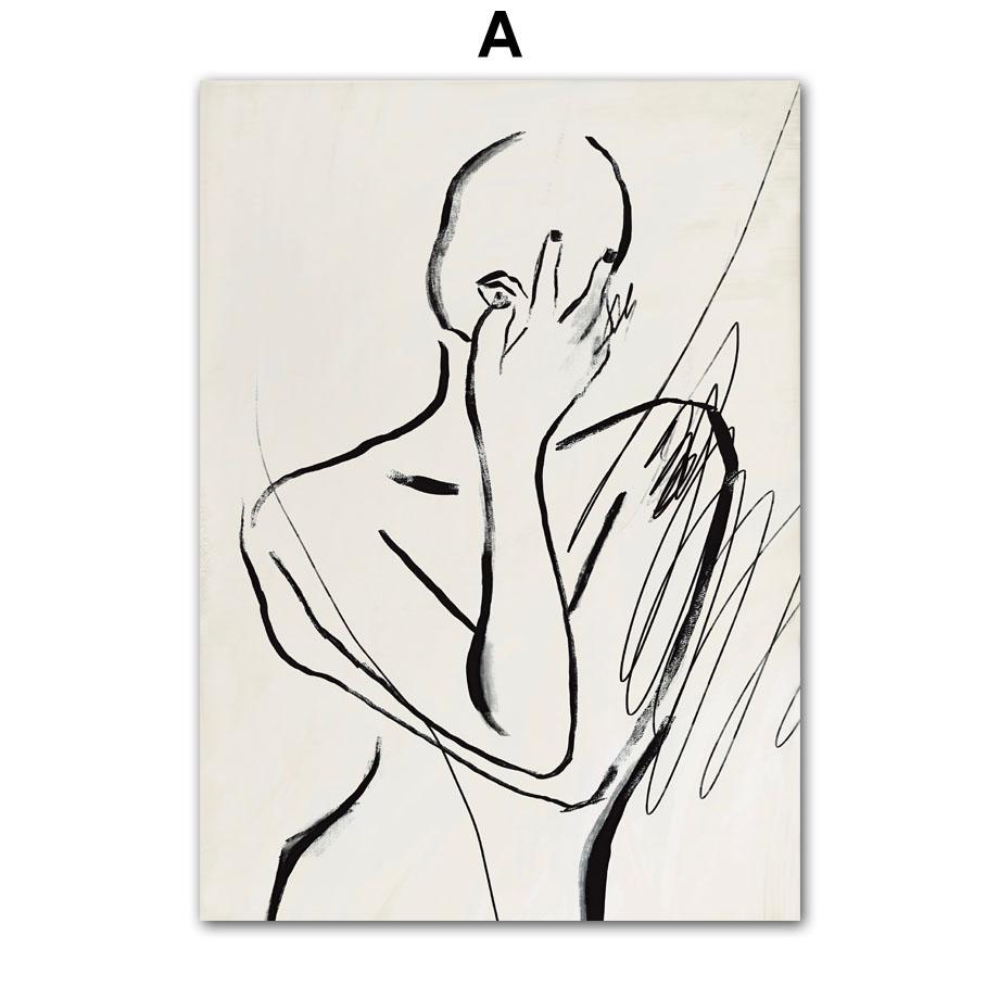 Рисунок черными линиями Девушка Тело Радуга Абстрактные Постеры Принты Настенное Искусство Холст Живопись Фотографии для Декора Гостиной