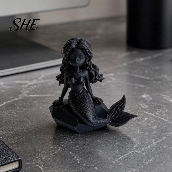 Niche Atmosphere Decoration 3D Printed Mermaid Action Figure, Dark Gothic Style Figurine with Matte Black Finish, Movable Joints Minimalist Sculpture