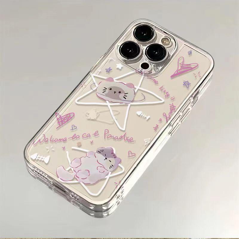 Line Star Apple 17 Pro Max & 15 Pro iPhone Прозрачный Мягкий Чехол Космический Кот XS