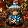 Resin Highland Cow Statue Winter Figurine, Cattle for Holiday Figurine Desk Decor, Animal Shape Ornament Home Office