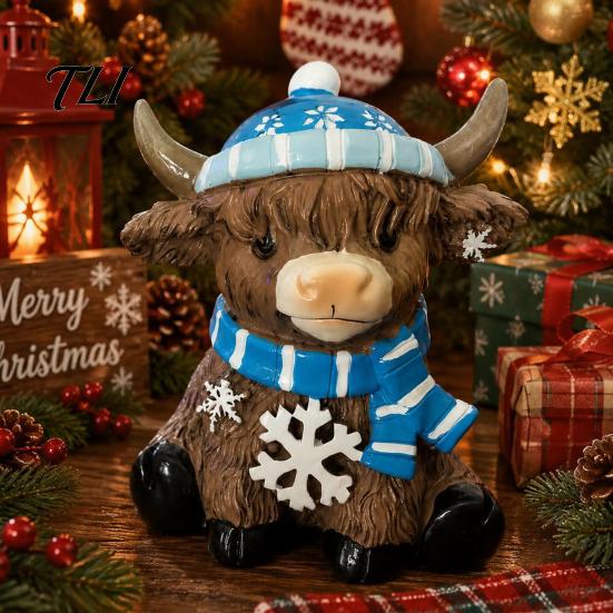 Resin Highland Cow Statue Winter Figurine, Cattle for Holiday Figurine Desk Decor, Animal Shape Ornament Home Office