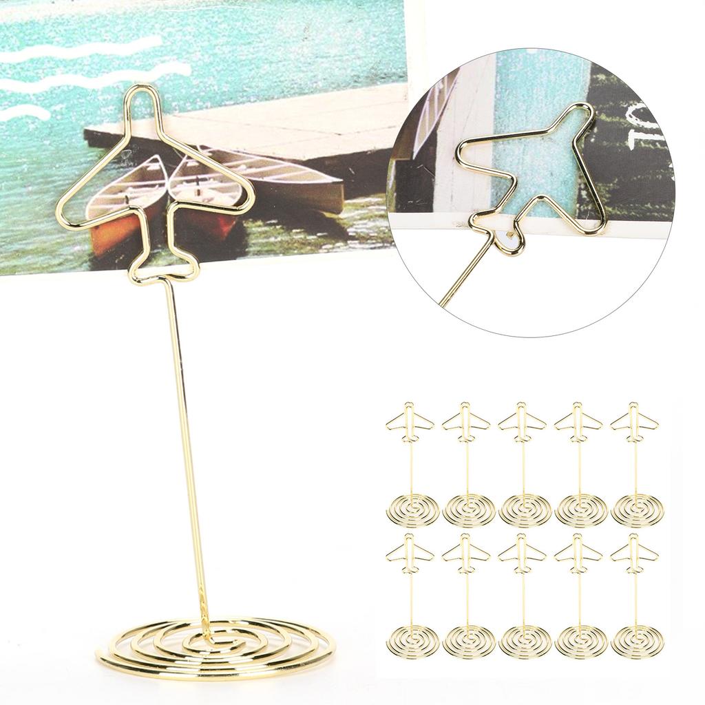 10Pcs Message Clip Desktop Metal Business Card Photo Golden Airplane Holder with Base