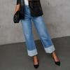 Women Baggy Jeans High Waisted Wide Leg Denim Pants Stretchy Cuffed Hem Straight Boyfriend Jeans with Pockets