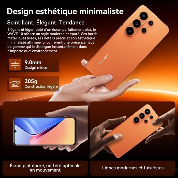 Refurbished - Blackview WAVE 10 Smartphone 6.88" 120Hz 24Go(8+16) + 128Go/jusqu'à 2To 5000mAh Android 16 32MP Téléphone 4G Double Sim GPS - Orange