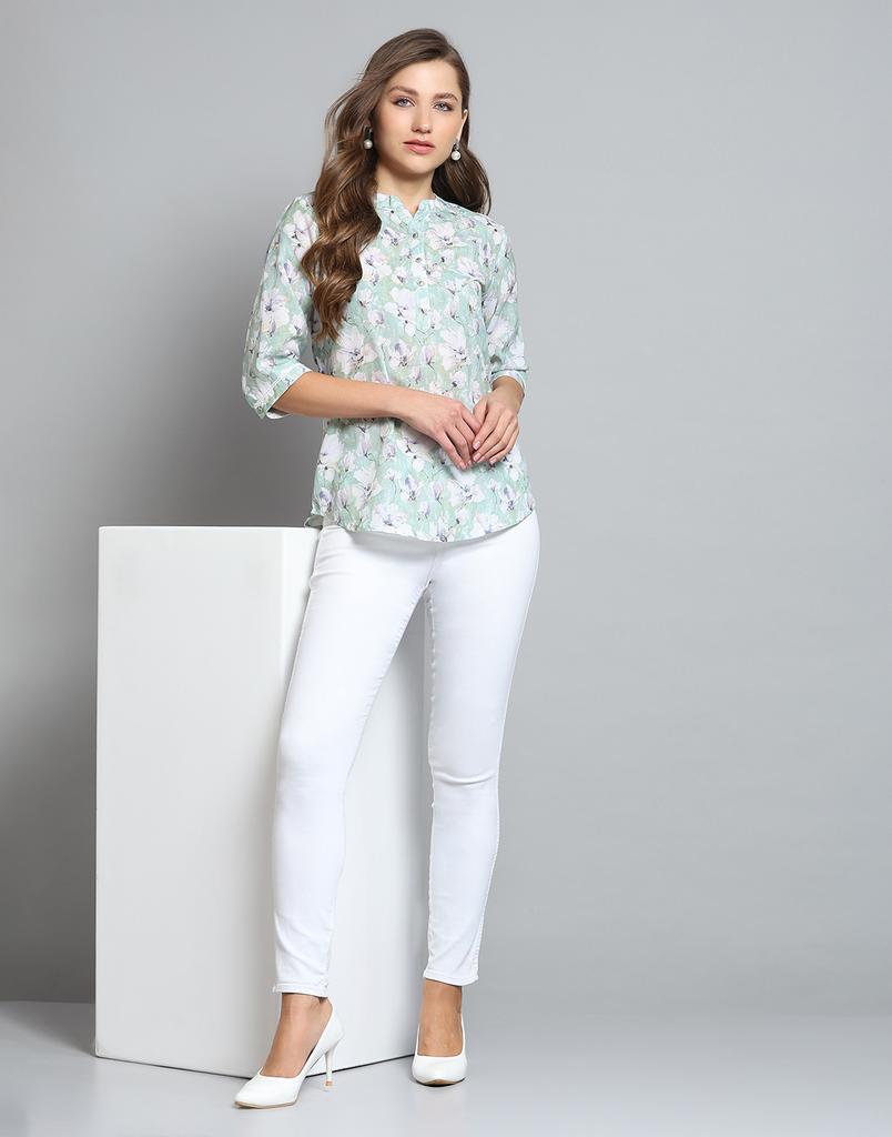 Monte Carlo Womens Printed Green Round Neck 3/4 Sleeve Top