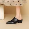 Fashion 2025 New Summer Women Mules Shoes Genuine Leather Shoes for Women Cover Toe Chunky Heel Slippers Round Toe Black Women Sandals