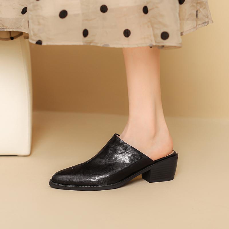 Fashion 2025 New Summer Women Mules Shoes Genuine Leather Shoes for Women Cover Toe Chunky Heel Slippers Round Toe Black Women Sandals