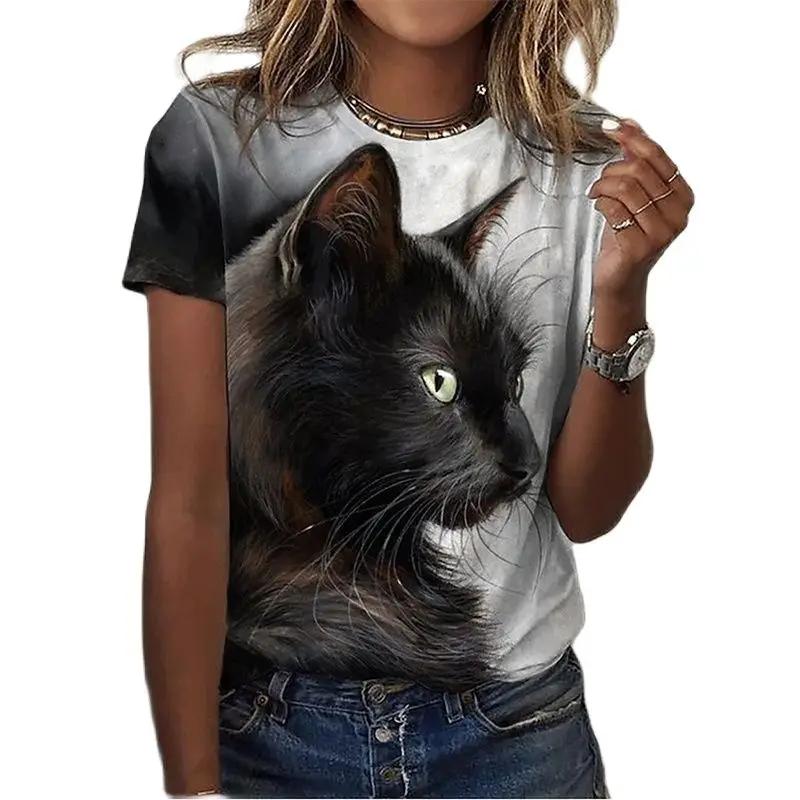 2024 Летние женские футболки с принтом 3D Cat, черные модные женские футболки с короткими рукавами Kawaii, женские летние топы оверсайз
