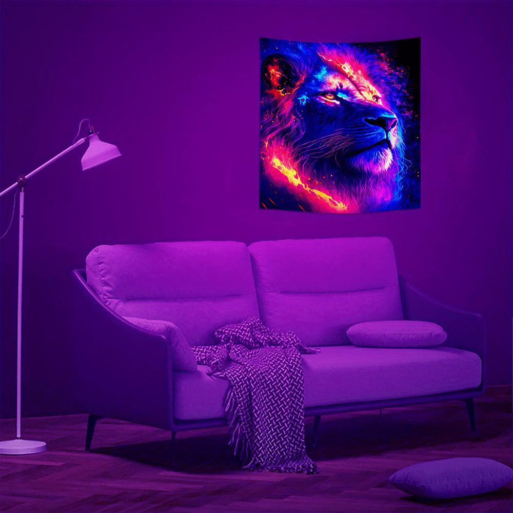 Флуоресцентный гобелен с изображением льва, красочный эстетический полиэстер, УФ-гобелен с черным светом, настенный подвес для гостиной, спальни, офиса, домашнего декора