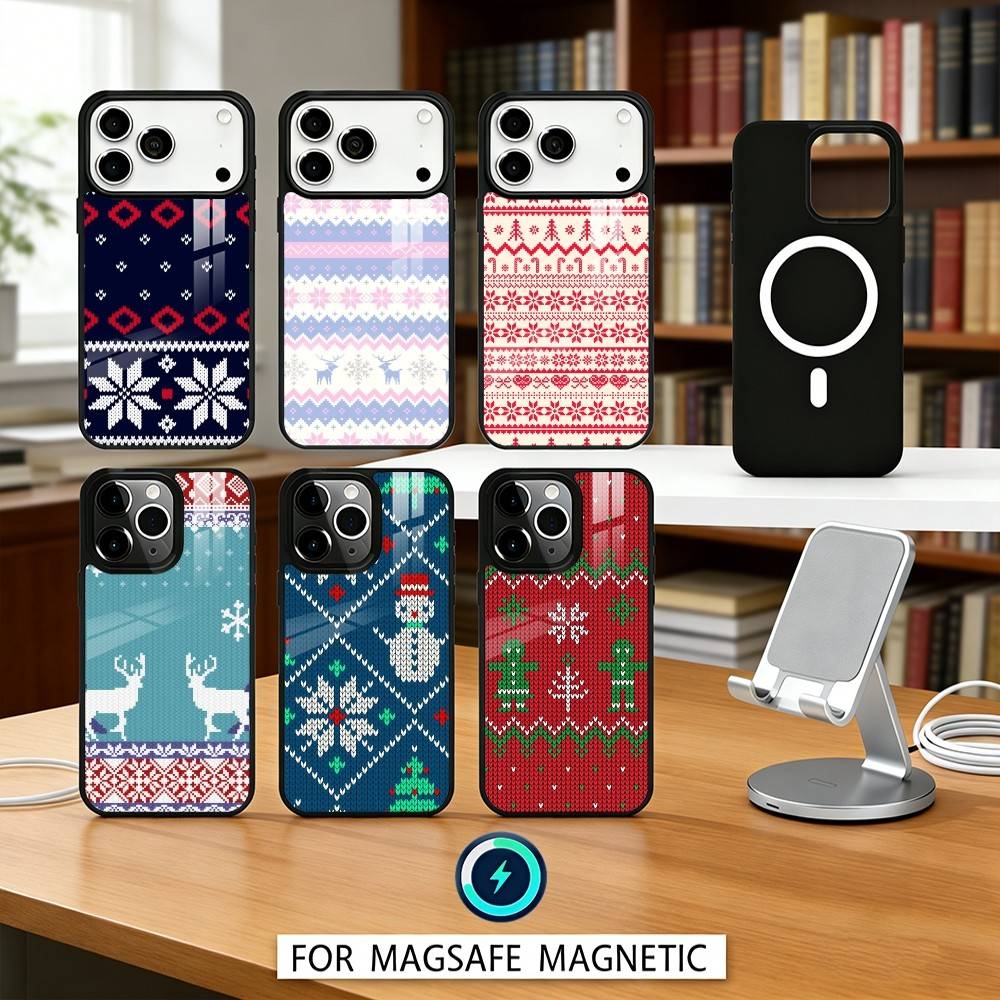 Fair Isle Christmas Phone Case Magnetic For iPhone17 16 15 14 13 12 Pro Max For Magsafe Wireless Charging Cover