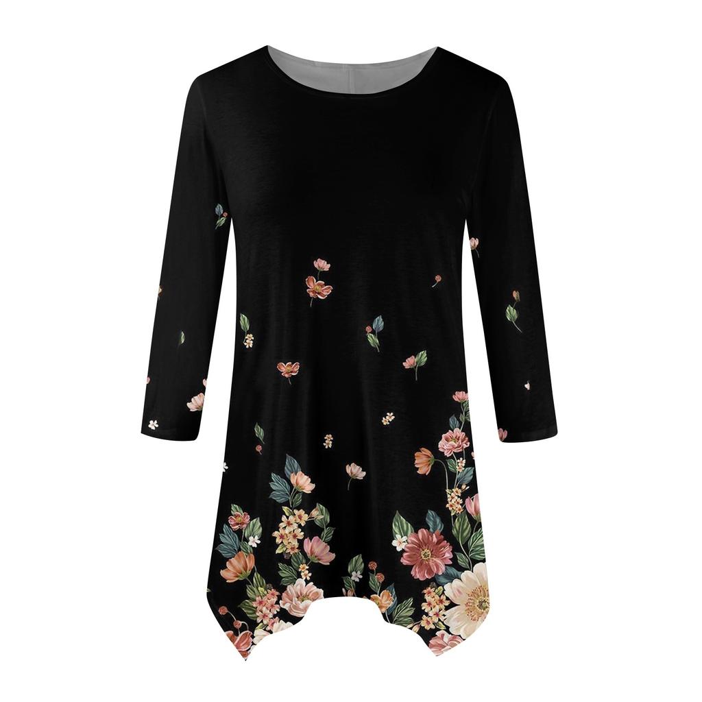 Женская модная повседневная рубашка с круглым вырезом и цветочным принтом, рукавами-семью, свободным удобным топом с поясом