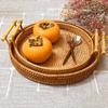 Handwoven Rattan Storage Tray with Wooden Handle Picnic Basket Bread Food Plate Snack Fruit Cake Platter Dinner Serving Tray New