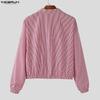 INCERUN Men Turn-down Collar Long Sleeve Zipper Up Striped Cropped Thin Short Coats