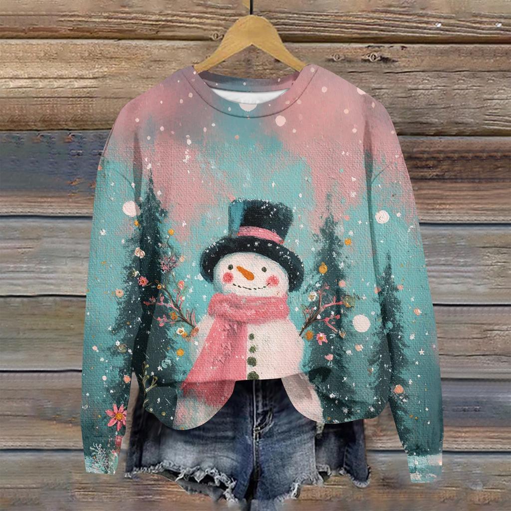 Ladies' Christmas Printed Long Sleeved Round Neck Hoodie Loose Top