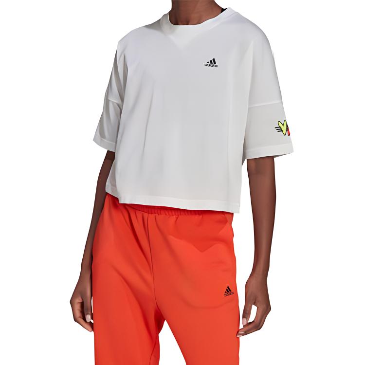 adidas Укороченная футболка с круглым вырезом и короткими рукавами с логотипом алфавита, женские топы, белые H67199