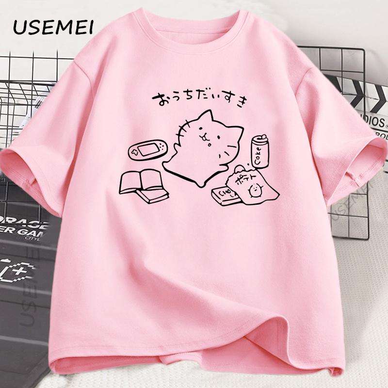 Japanese Style No Plan Cat Print T-shirt for Men Women Funny Cotton Short Sleeve Summer Loose Tshirt Kawaii Kitty Cat Lover Tees