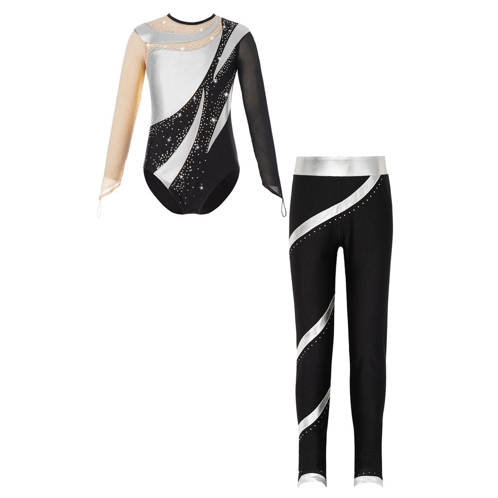 Girls Sparkle Rhinestone Performance Set Cutout Back Long Sleeve Leotard Elastic Waist Pants Dance Outfit