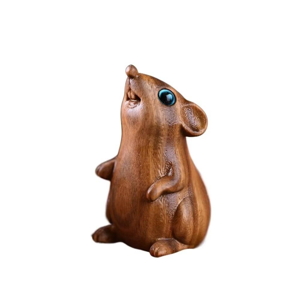 Cute Hamster Statue Funny Decorative Animal Figurine New Wood Carved Zodiac Mouse Office Gift