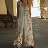 Women's Fashionable Casual Button-down Sleeveless Jumpsuit, Retro Floral Printed Cotton Pocket Jumpsuit