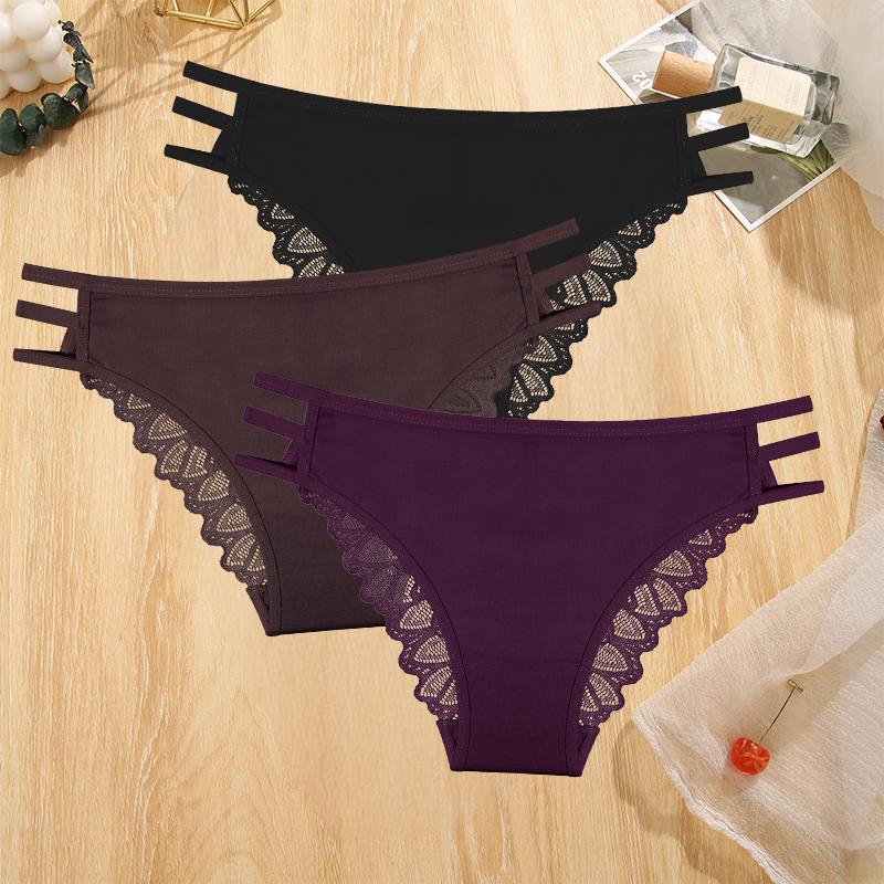 3Pcs Sexy Lady Style Transparent Lace Underwear Women's Straps Panties Seamless Perspective Briefs Low Waisted Triangle Pants