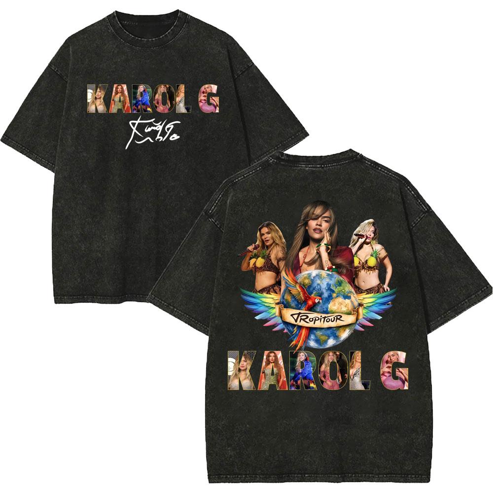 Vintage Washed Karol G Tropicoqueta Tour 2026 Tshirts Men Women Fashion Pop Music T Shirt Summer Casual Loose Cotton Tshirt