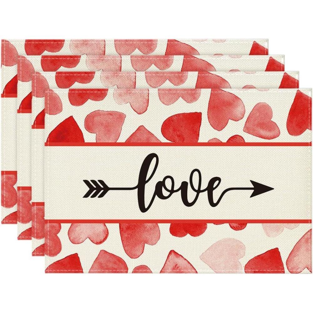 4Pcs 30x45cm Red Love Hearts Table Mats Linen Dining Table Mat Farmhouse Burlap Placemat  Kitchen