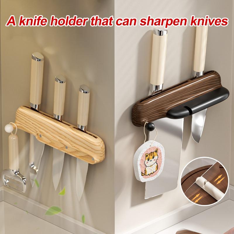1 PCS Kitchen Knife Storage Rack with Magnetic Sharpening Stone 2-in-1 Wall Mounted Storage Knife Holder